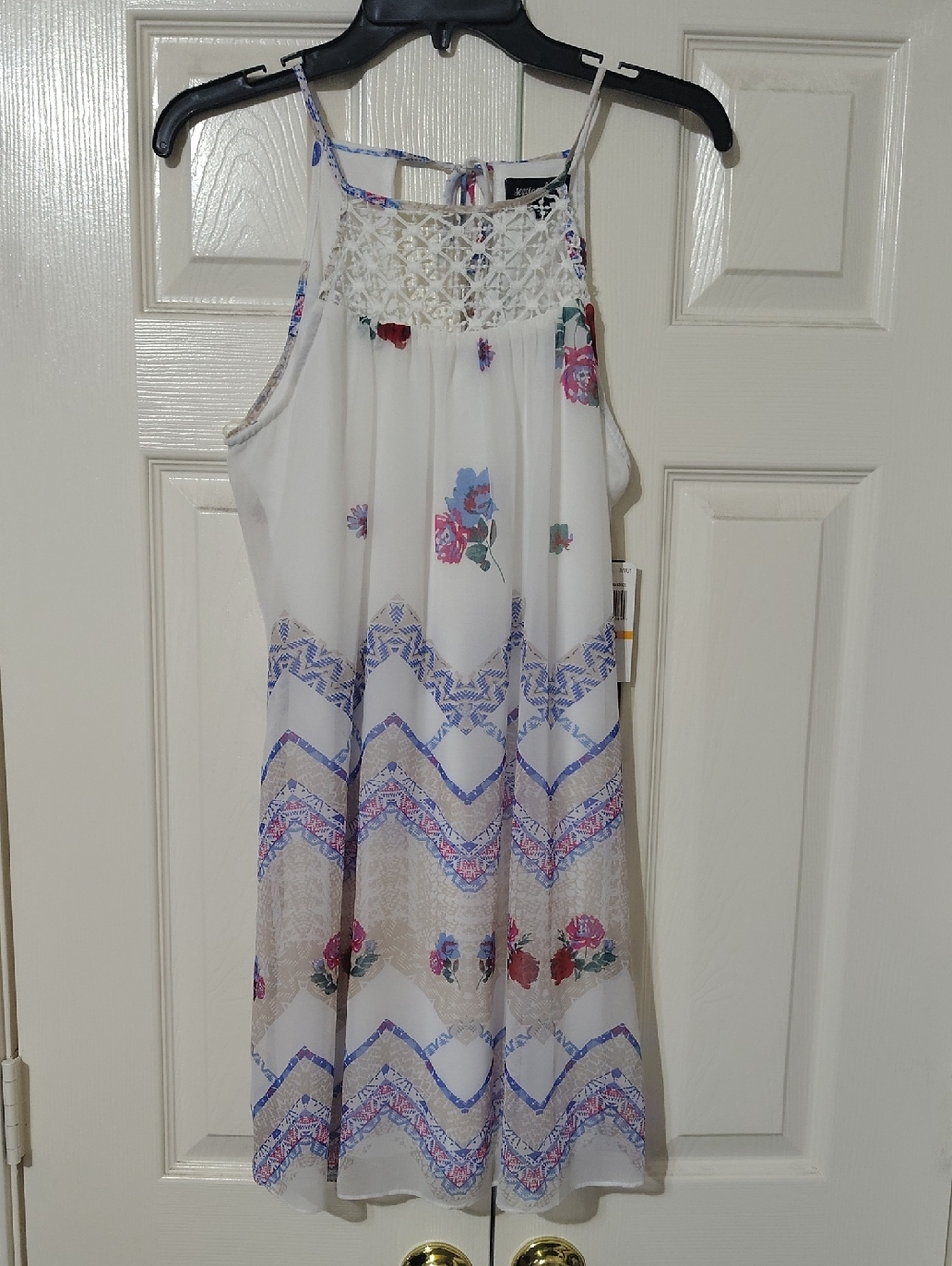 Sequin Hearts White Floral Crochet Halter Sundress with Blue Accents